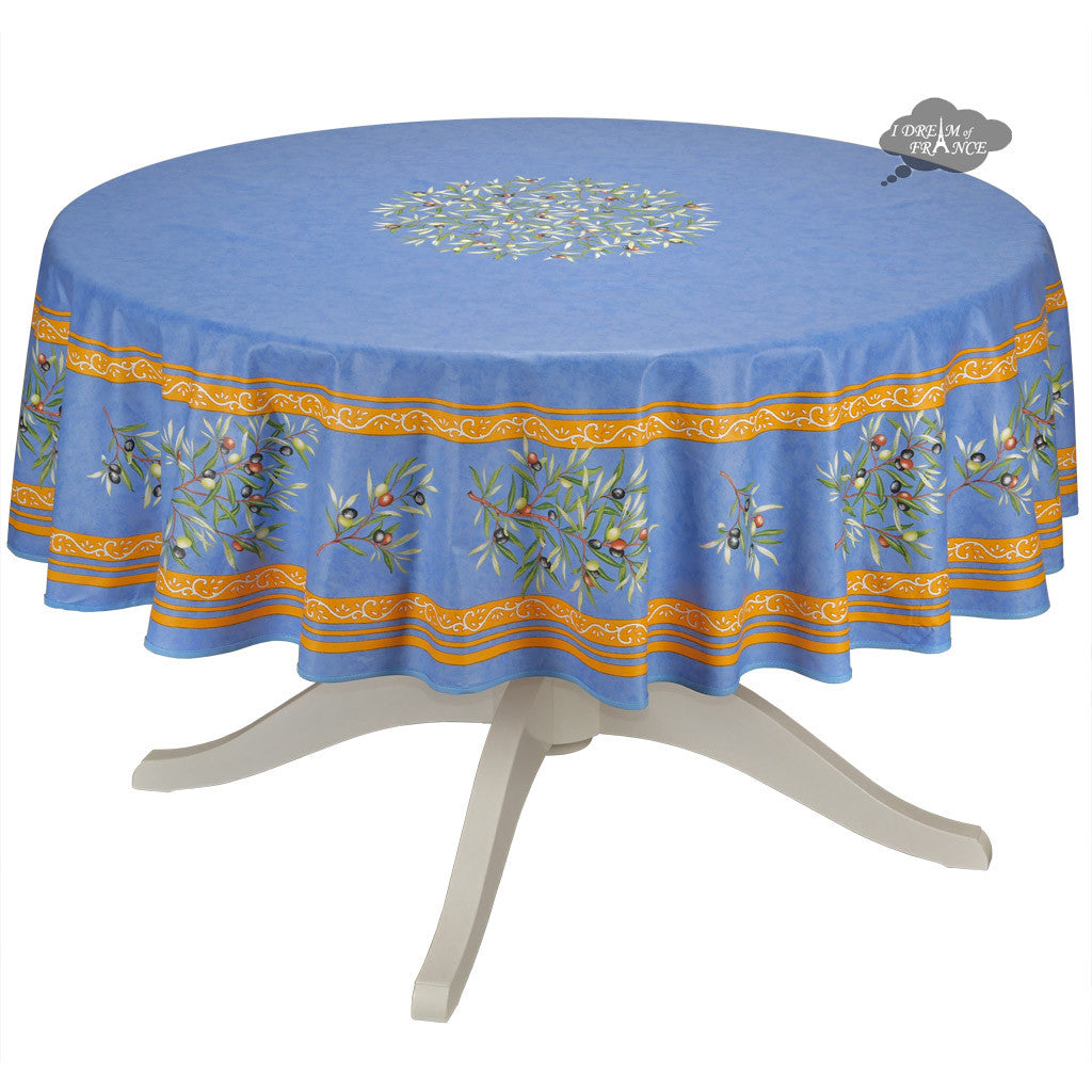 70 Round Clos des Oliviers Blue French Tablecloths by Label France - Premium Cotton Table Linens for Dining Room, Wedding, and Outdoor Party Decor