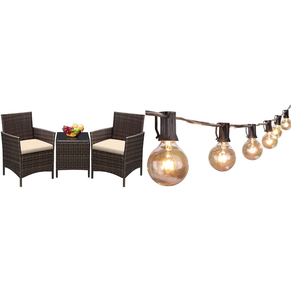 Greesum 3-Piece Outdoor Patio Furniture Set - Brown & Beige Wicker Sofa with Coffee Table for Garden, Porch, Backyard | Brightown 25Ft Outdoor String Lights - 26 G40 Edison Bulbs (1 Spare) - Black for Deck, Pergola, Wedding & Party Decor