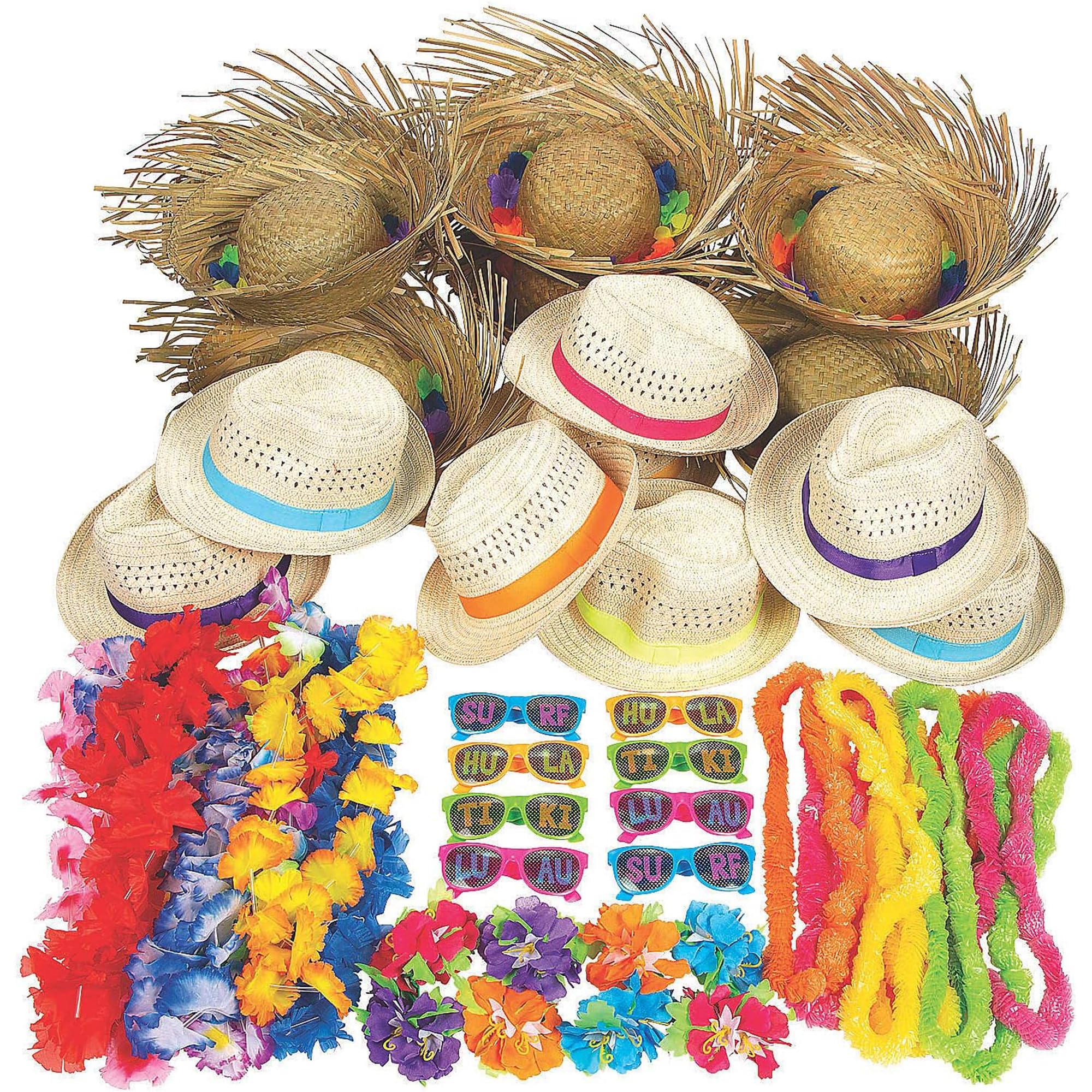 Fun Express Grand Luau Party Wearables Kit (50-156 Pieces) - Tropical Party Supplies with Leis, Hats & Sunglasses - Perfect for Beach Tiki Parties, Hawaiian Luaus & Summer Themed Events