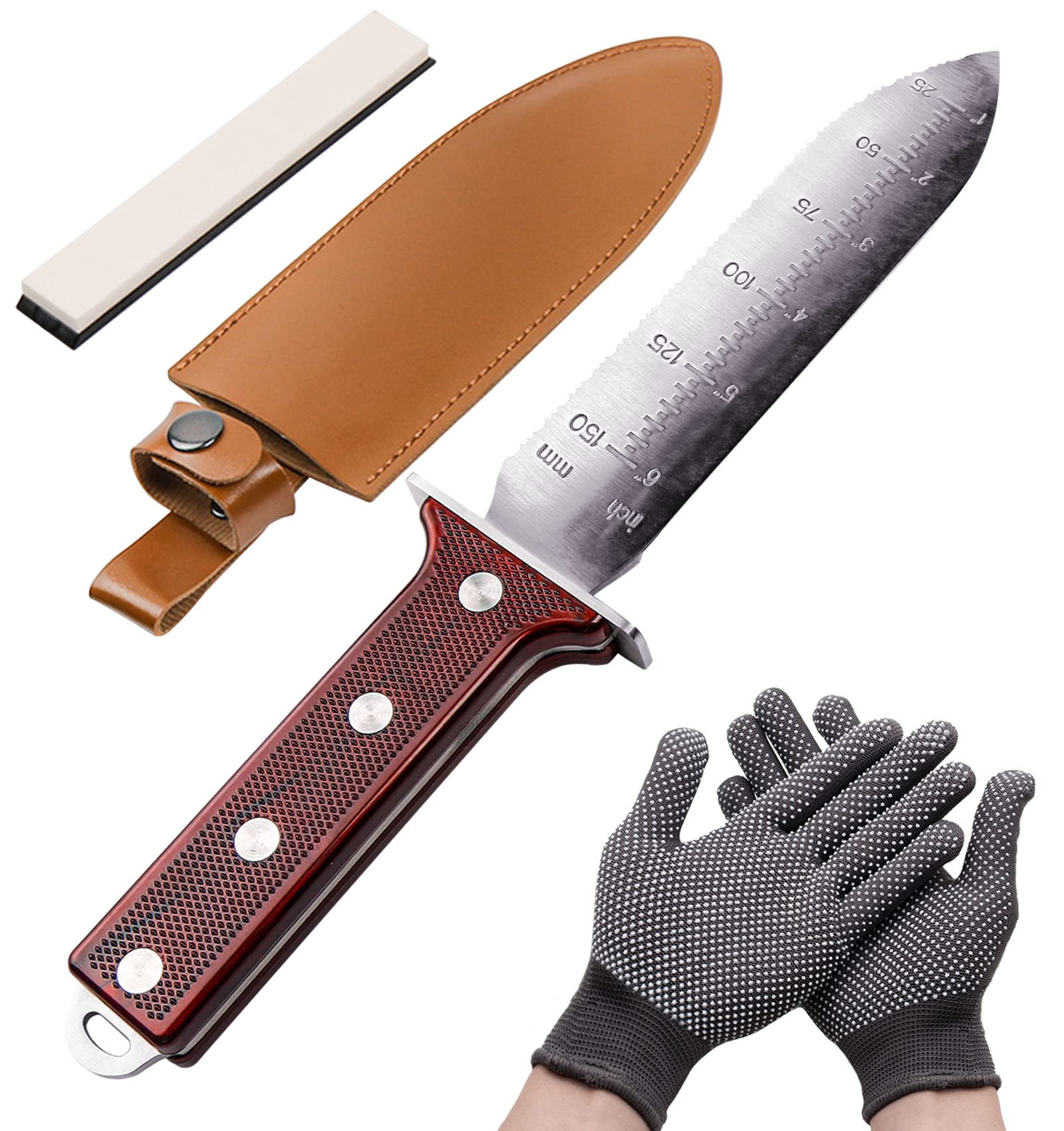 AKAKD Japanese Hori Hori Garden Knife - Stainless Steel Gardening Tool with Sheath, Serrated Weeding & Digging Knife for Soil Work | Perfect for Outdoor Planting, Landscaping & Garden Maintenance
