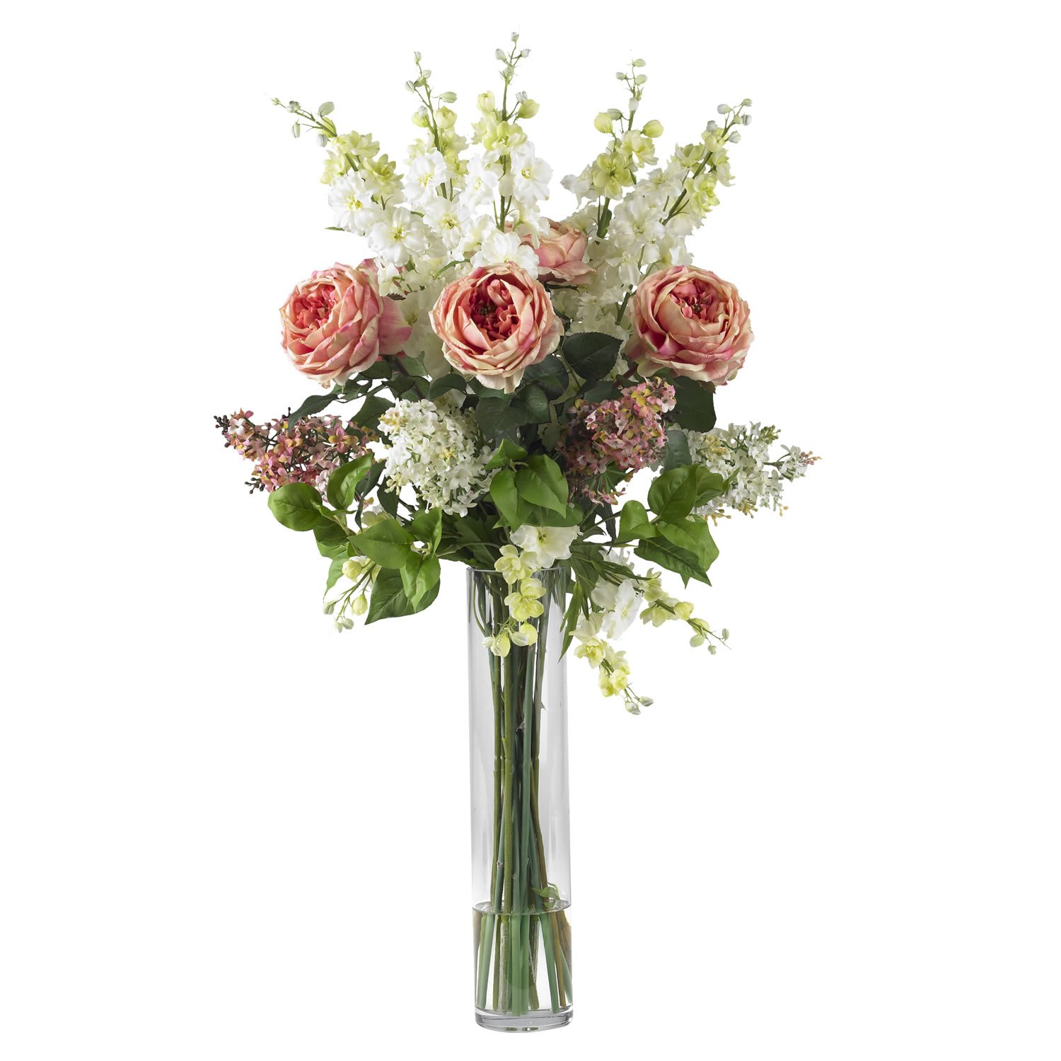 Nearly Natural 1220-PK Realistic Silk Flower Arrangement - Pink Rose, Delphinium & Lilac Bouquet for Home Decor, Wedding Centerpiece, and Office Table Display