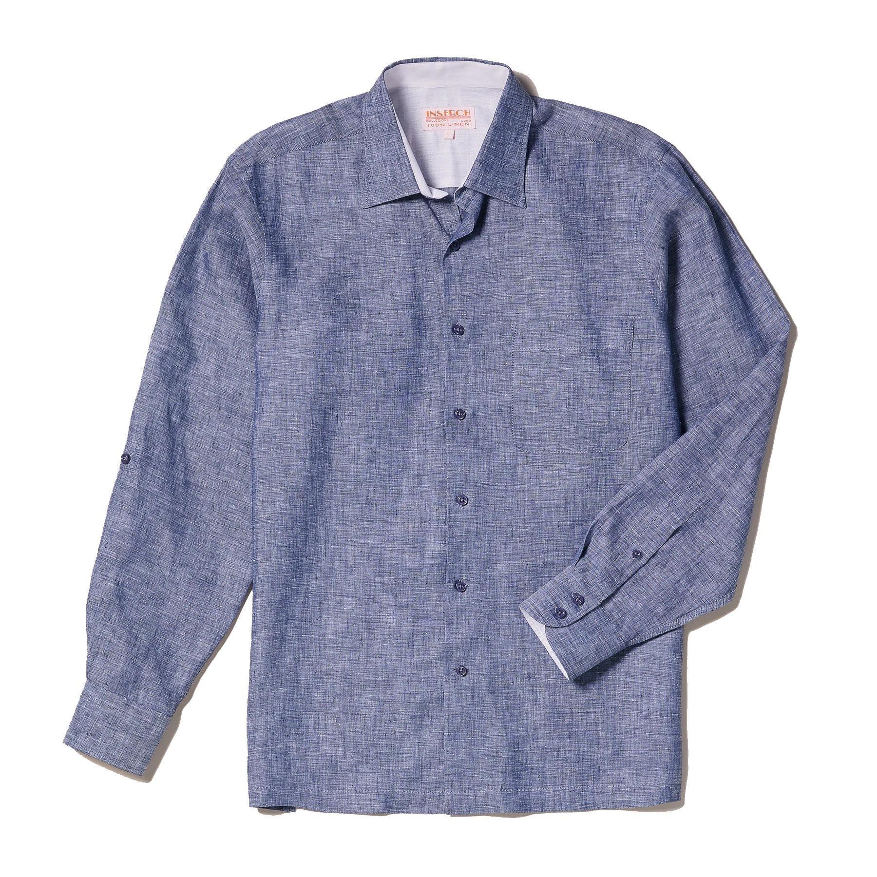 Premium 100% Linen Long Sleeve Yarn-Dyed Solid Blue Shirt for Men - Comfortable Breathable Casual Wear for Office, Travel & Outdoor Activities