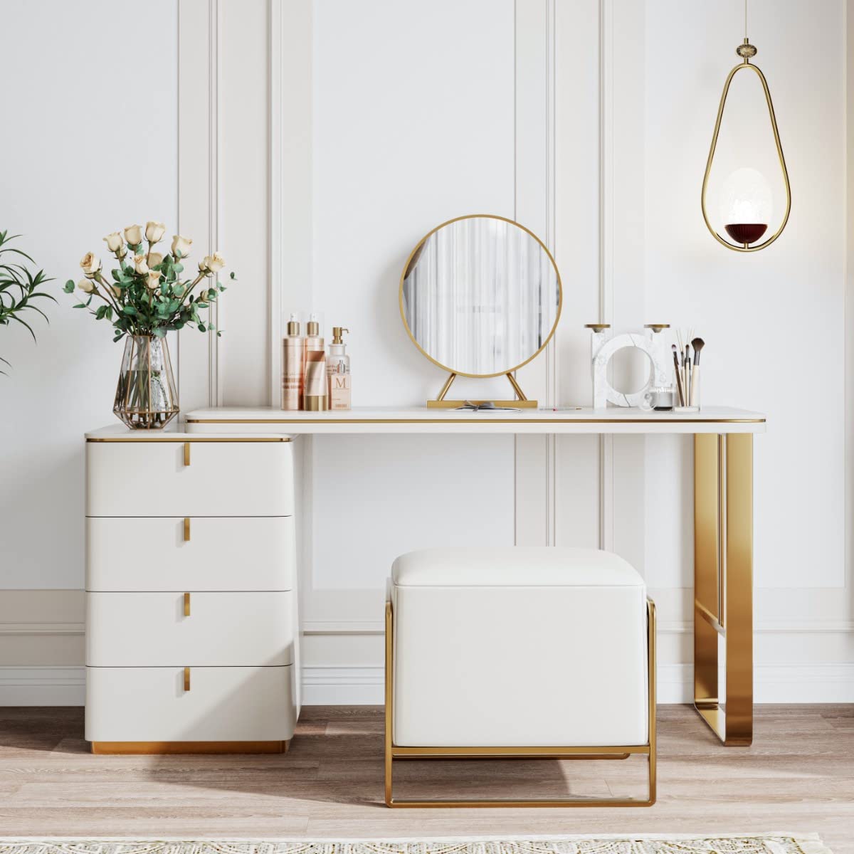 Modern Makeup Vanity Set with Sintered Stone Top & PU Leather - 47