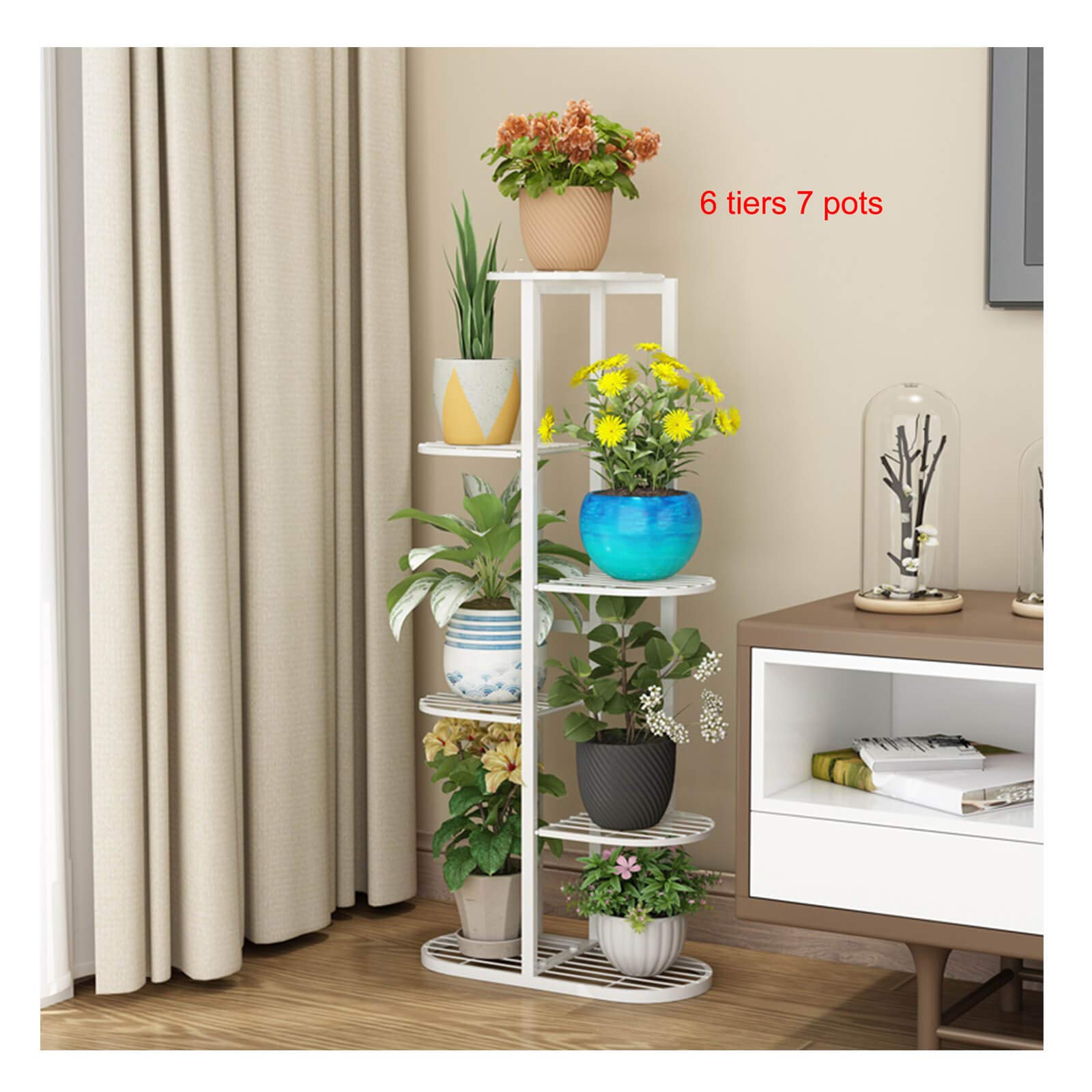 6-Tier Metal Plant Shelf Indoor - Tall Narrow Multi-Tiered Flower Pot Stand with 7 Pots, Space-Saving Display Rack for Living Room, Study Corner, Balcony, Patio & Garden (White) | Perfect for Small Spaces & Home Decor
