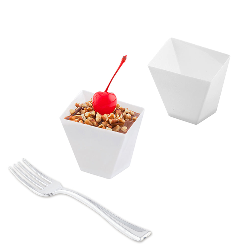 100 Pack 2 oz Square White Plastic Dessert Dishes with 100 Silver Mini Forks - Perfect for Parties, Weddings, Catering & Elegant Dessert Serving