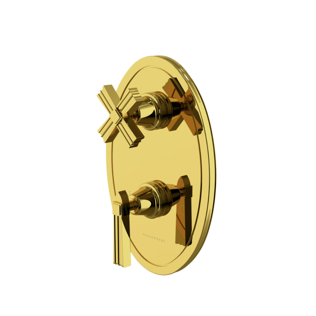 Gold Metal Lever Handle Thermostatic Shower Valve with Cross Handle Shutoff Trim - Perfect for Modern Bathroom & Spa Renovations
