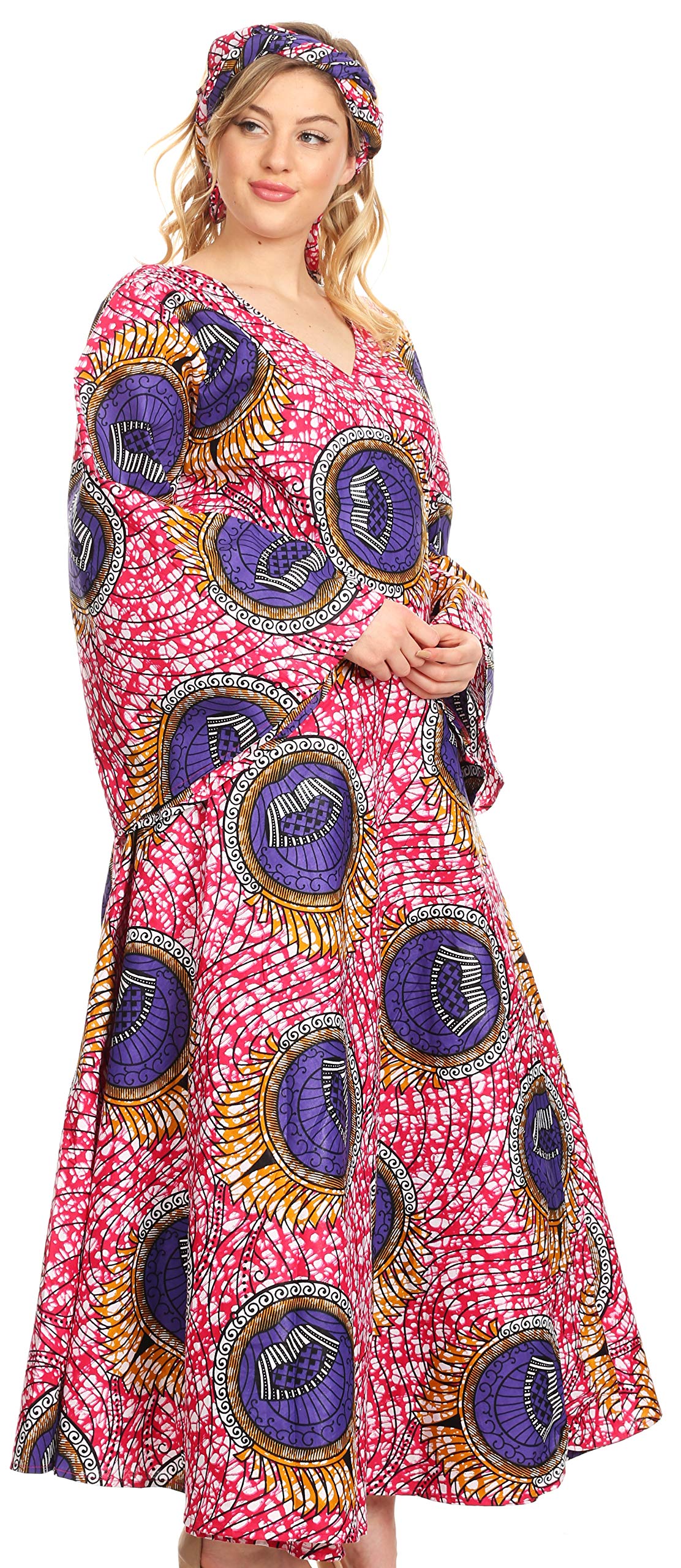 Sakkas Tale Women's Maxi Long Sleeve Wrap Dress with Pockets - African Ankara Print Floral Design - Elegant Casual & Party Wear for Women