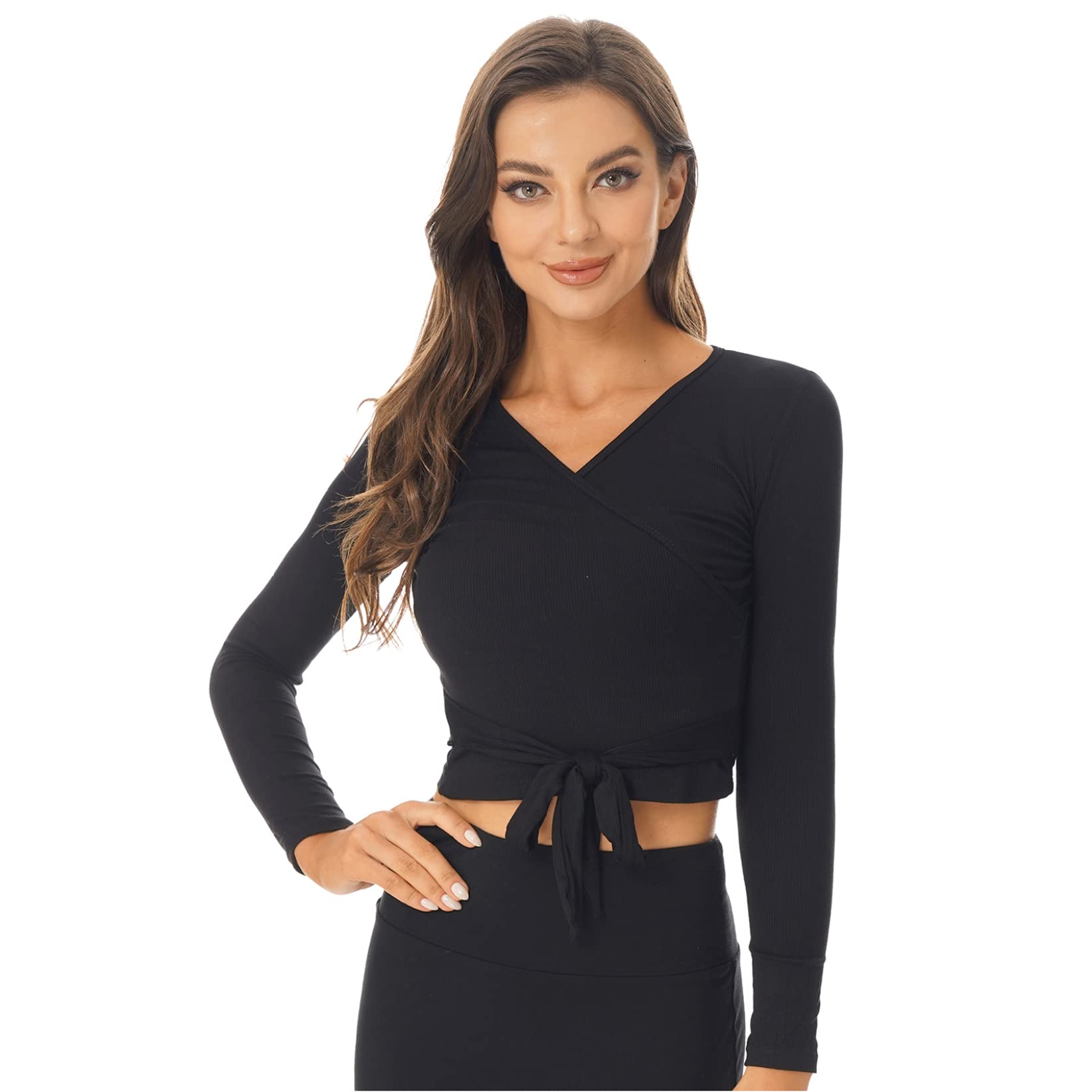 Elegant Ballet Wrap Top for Women - Long Sleeve Crochet Dance Cardigan with Self-Tie Back | Perfect for Ballet, Yoga & Boho Fashion