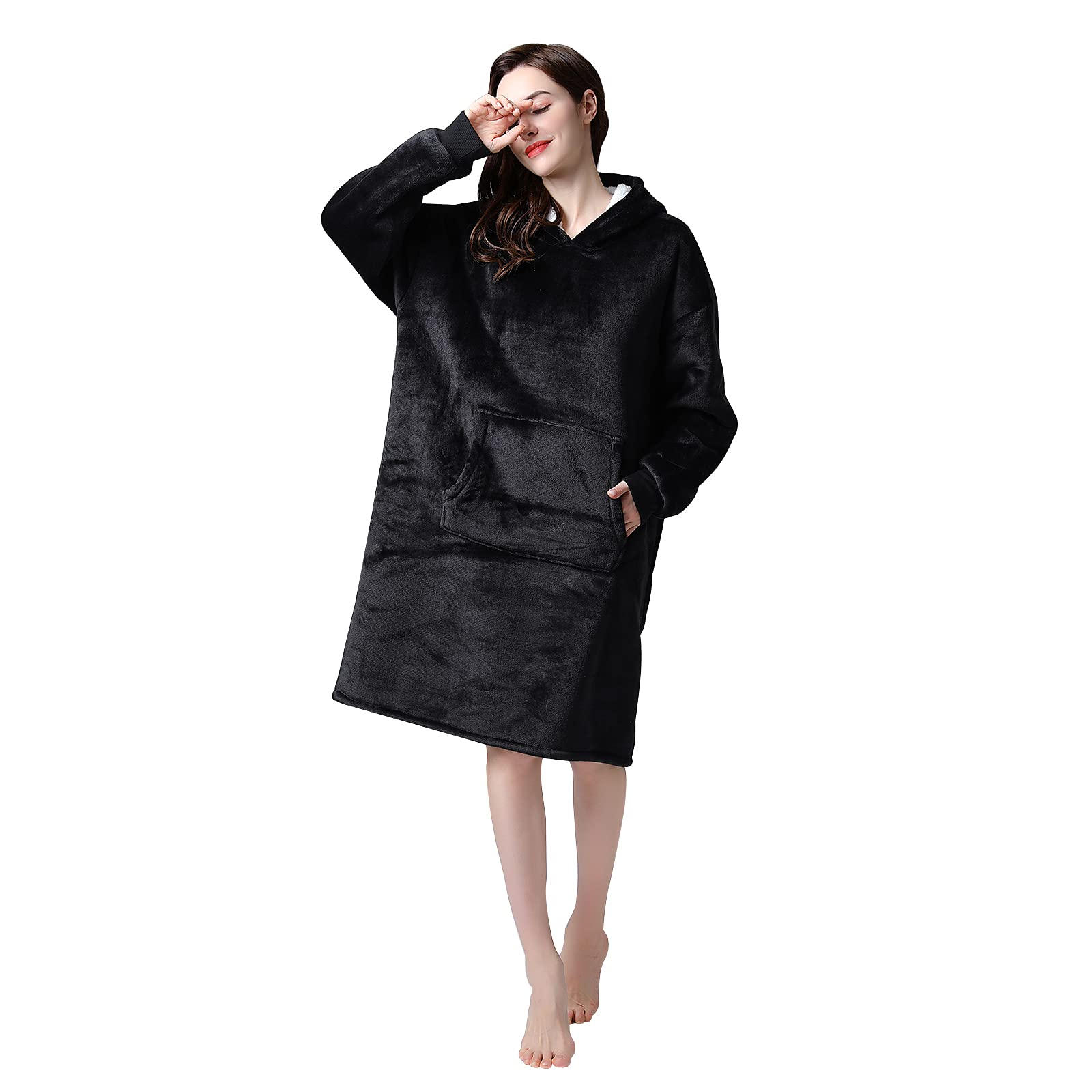 Fleecehug Hoodie Wearable Blanket - Oversized Sherpa Hooded Sweater with Pockets | Cozy Pullover for Men & Women | Perfect for Lounging, Camping & Cold Weather (Black, X-Large)