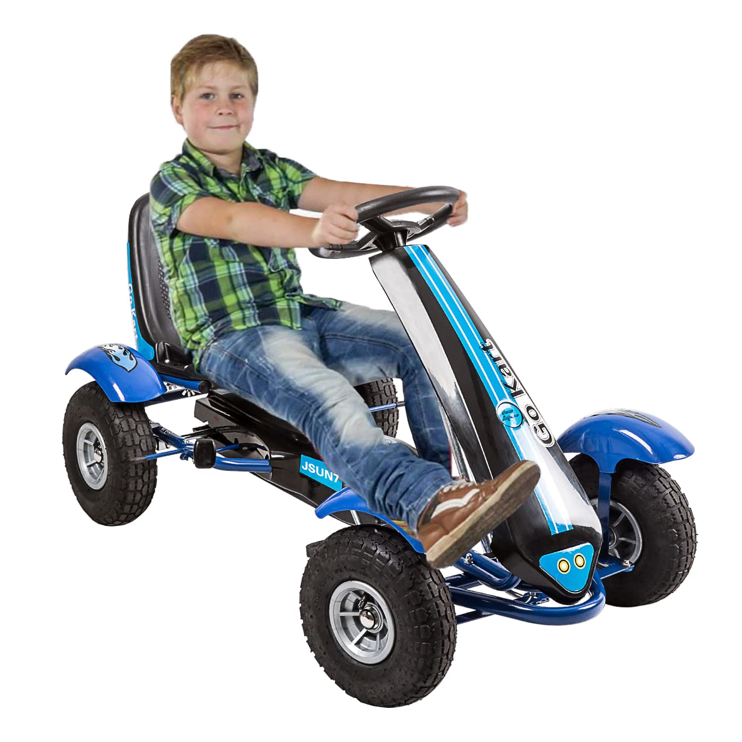 **Blue Kids Pedal Go Kart Ride-On Toy with 3-Point Steering & Adjustable Seat - Outdoor Fun for Boys & Girls Ages 3-8 - Perfect for Backyard, Park, and Driveway Play**