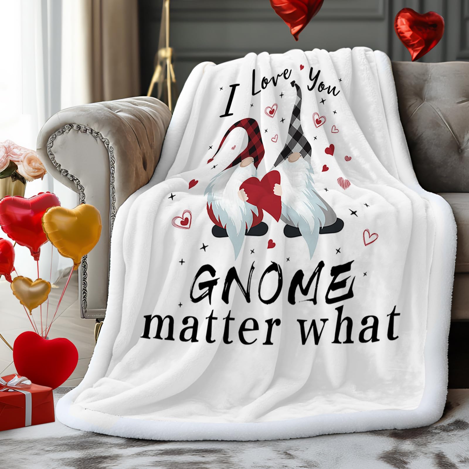 Soft Fleece Sherpa Blanket Throw - Cozy Plush Warm Blanket for Women & Men - 50x80 Inch Twin Size - Perfect for Valentine's Day, Camping, Nursery & Couch - Gnome Love Design