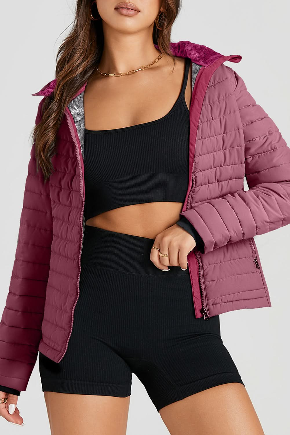 Burgundy Solid Color Quilted Zip Up Puffer Jacket for Women - Winter Warm Coats, Lightweight Down Jacket for Outdoor Activities & Daily Wear