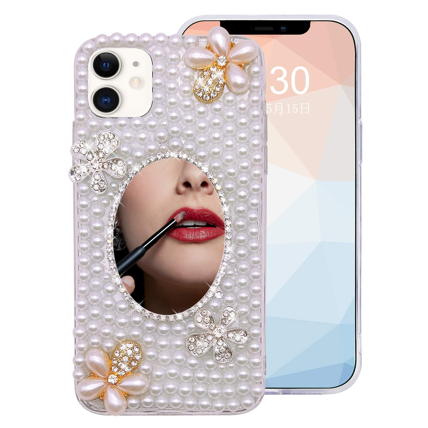 Sparkly Rhinestone Flower iPhone 12 Case for Women - Luxury Glitter Pearl Crystal Clear TPU Protective Phone Cover with Mirror Makeup Case | Perfect for Parties, Weddings & Everyday Glam Style
