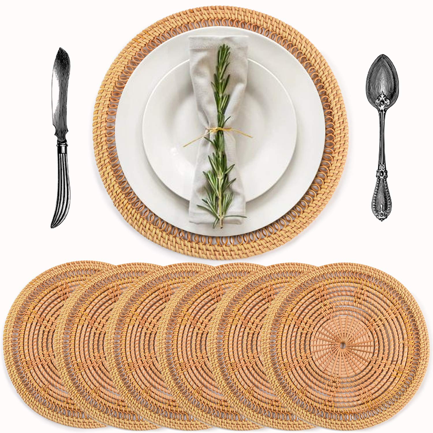Handmade Boho Rattan Placemats Set of 6 - 11.8 Inch Round Wicker Table Mats for Dining Decor, Charger Plates, Side Table Accents | Perfect for Farmhouse, Coastal & Bohemian Home Decor