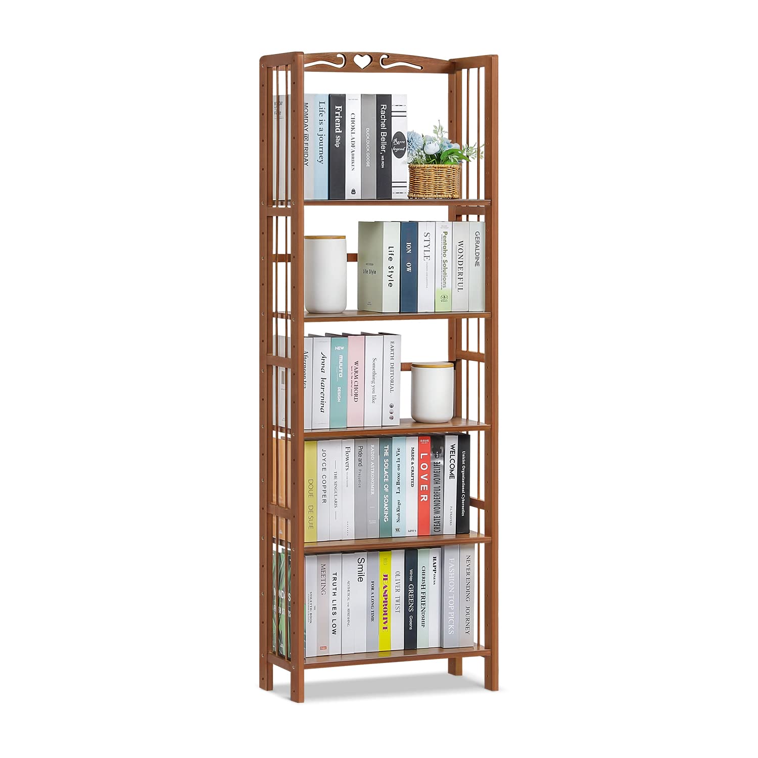 MoNiBloom 5-Tier Bamboo Bookshelf - Adjustable Storage Organizer for Books, Plants & Home Decor | Perfect for Living Room, Office, Bedroom, Balcony & Garden | Sturdy Brown Bookcase with Multi-Purpose Shelving