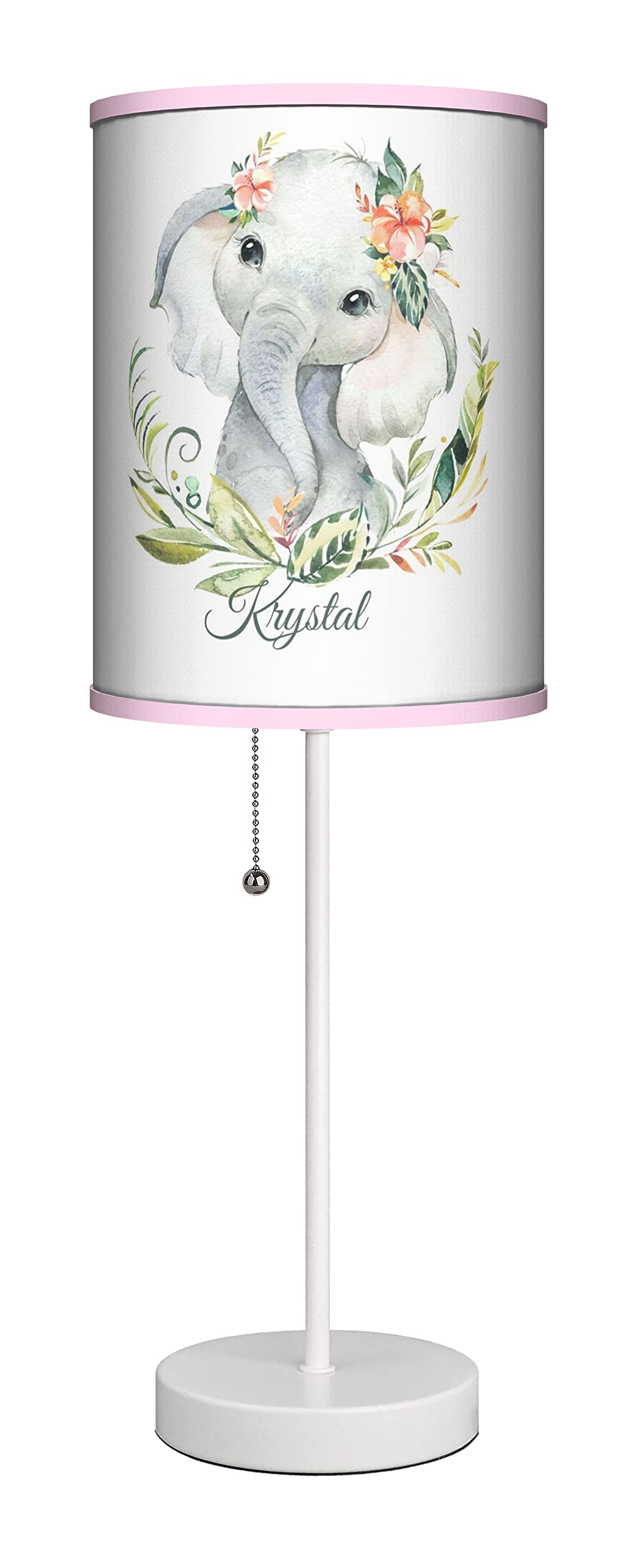 Personalized Baby Girls Elephant Table Lamp with White Base - Pink Printed Nursery Lamp Shade for Kids Room Decor, Baby Shower Gift & Bedside Night Light