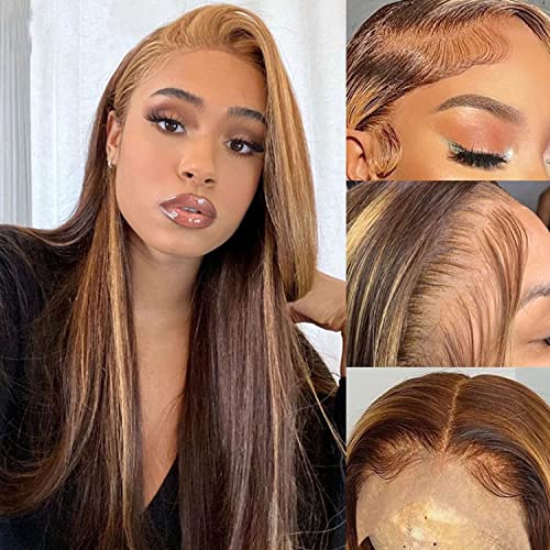 13x4 Highlight Straight 4/27 Ombre HD Transparent Lace Front Wigs - Brazilian Human Hair for Black Women - Pre Plucked 200% Density with Baby Hair - 18inch Straight Wig for Daily Wear, Parties & Special Occasions