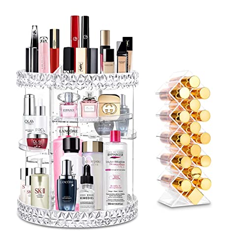 360 Degree Rotating Makeup Organizer - 4-Tier Adjustable Cosmetic Storage Rack with Lipstick Holder | Large Capacity Transparent Makeup Organizer for Vanity, Bathroom & Travel Use