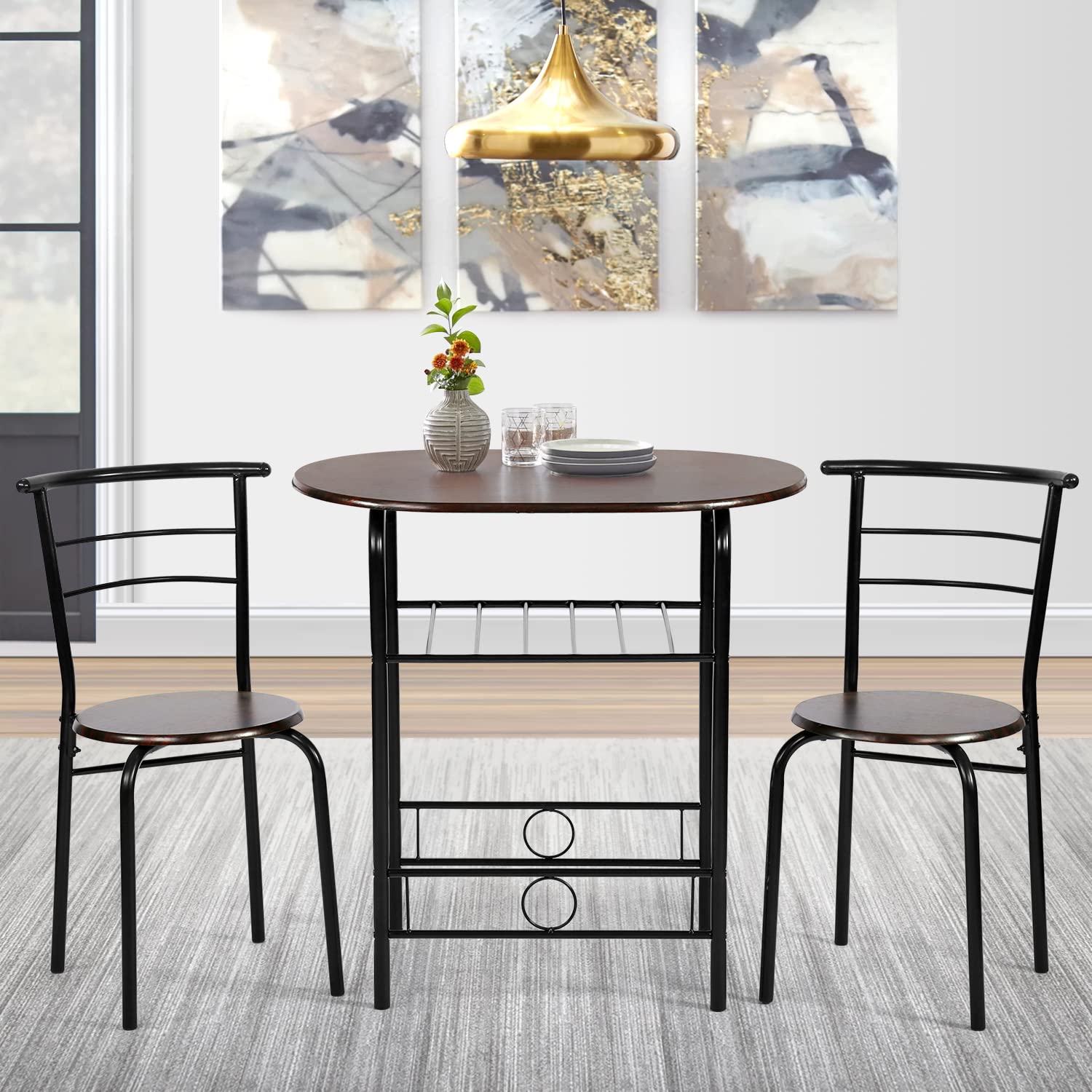 Modern 3-Piece Pub Dining Set - Round Bar Table & Chairs with Storage Shelf | Counter Height Kitchen Table Set | Wood Top Bistro Table for Breakfast Nook & Small Spaces | Perfect for Apartments, Patios & Compact Dining Areas (Brown)