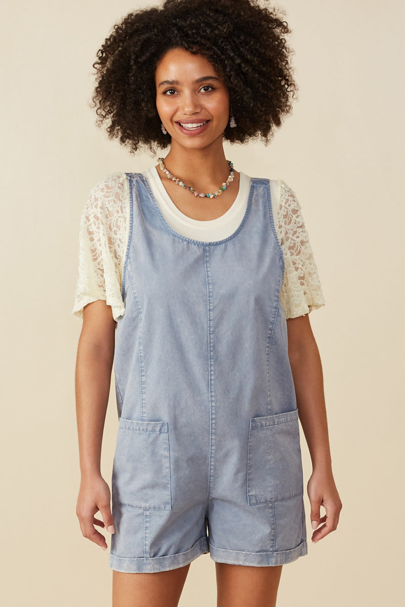 Women's Washed Denim Patch Pocket Scoop Neck Sleeveless Romper Jumpsuit - Casual Summer Outfit for Beach, Vacation & Street Style