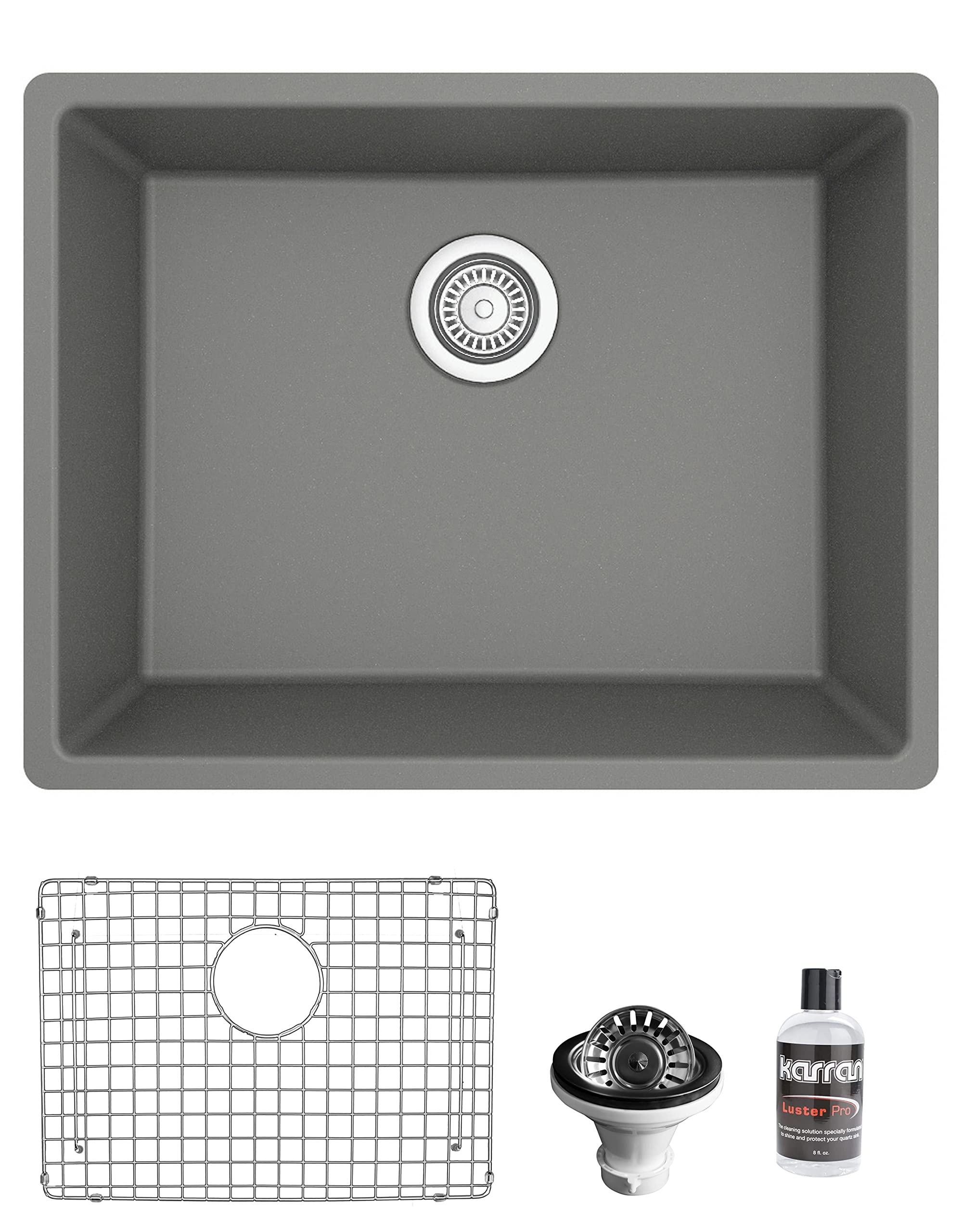 Karran QU-820 Undermount 24.38 Inch Single Bowl Quartz Kitchen Sink Kit in Grey - Durable Stain-Resistant Sink for Modern Kitchens & Food Prep Areas