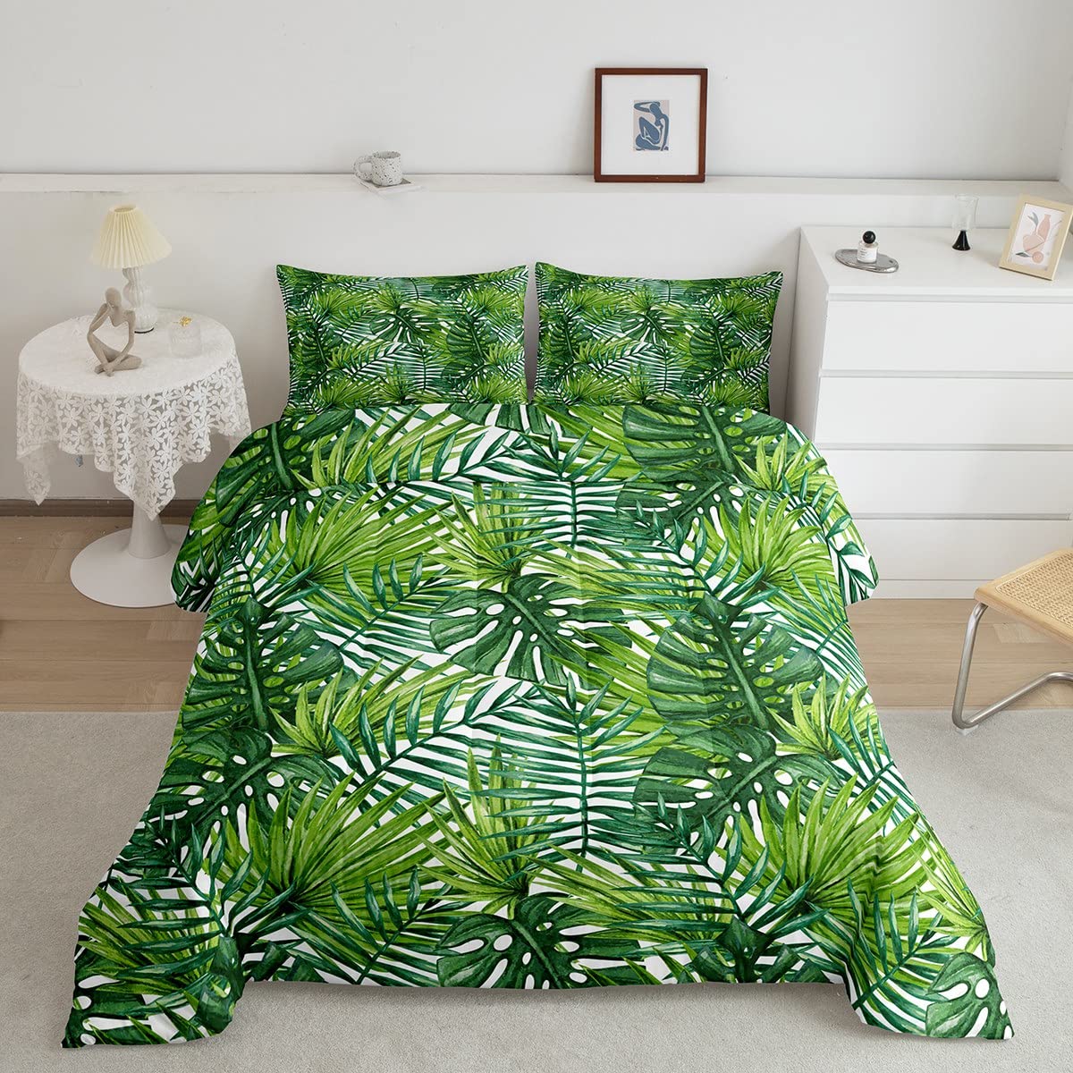 Feelyou Tropical Comforter Set Twin Size - Palm Leaf Design Bedding with Super Soft Lightweight Green & White Filling | Perfect for Summer Decor, Beach Themed Bedrooms & Vacation Home Styling