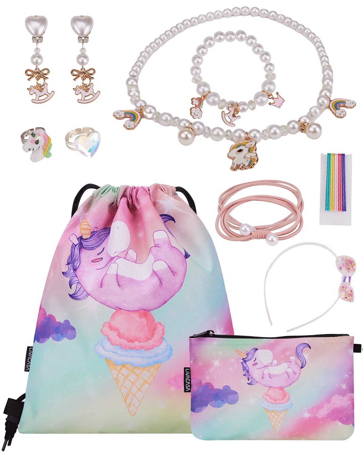 LIVACASA Girls Drawstring Backpack Set - Cute Ice Cream Design Small Purse & Accessories for School, Party, Travel | Perfect Gift for Kids & Teens | Lightweight Daypack for Beach, Camping & Sleepovers