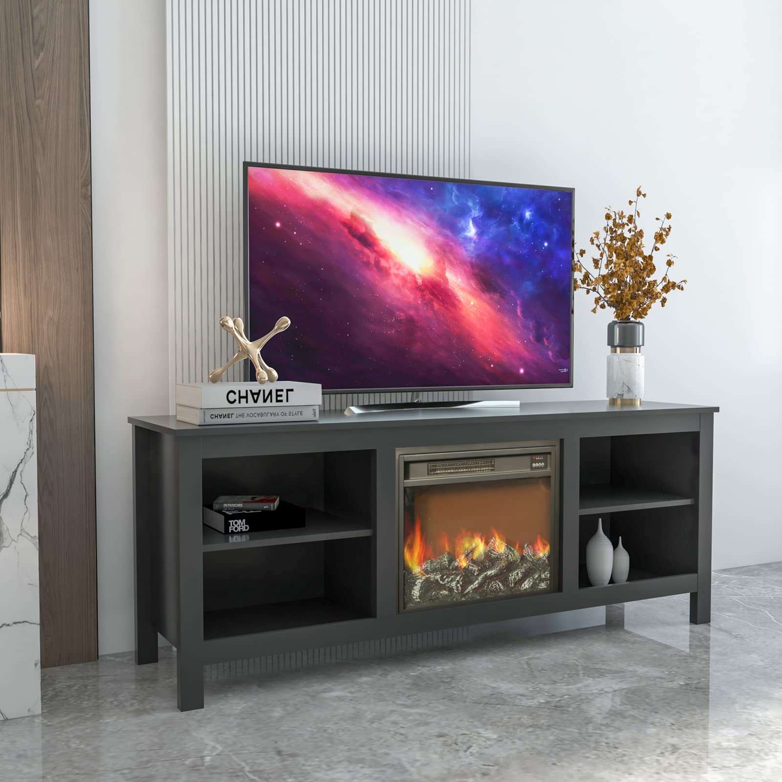 Knocbel 58 Inch Classic Fireplace TV Stand - Modern TV Console Table with Storage Cabinet, Media Compartments & Remote Control - Entertainment Center for Living Room, Bedroom, Home Theater (Black) - Perfect for Movie Nights & Cozy Family Gatherings