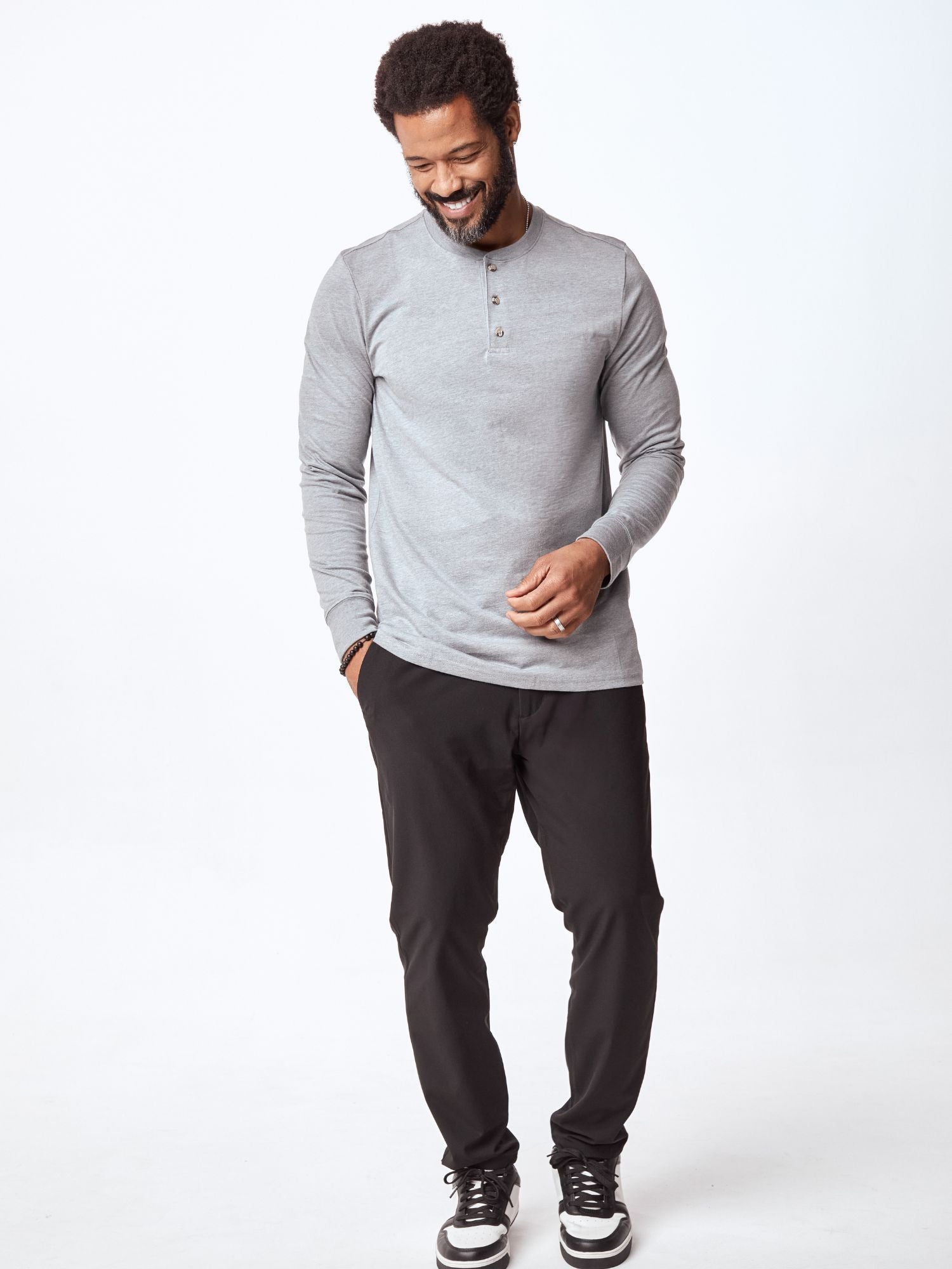 Men's Heather Grey Long Sleeve Henley Shirt - Soft Cotton Casual Button-Up Top for Everyday Wear & Layering