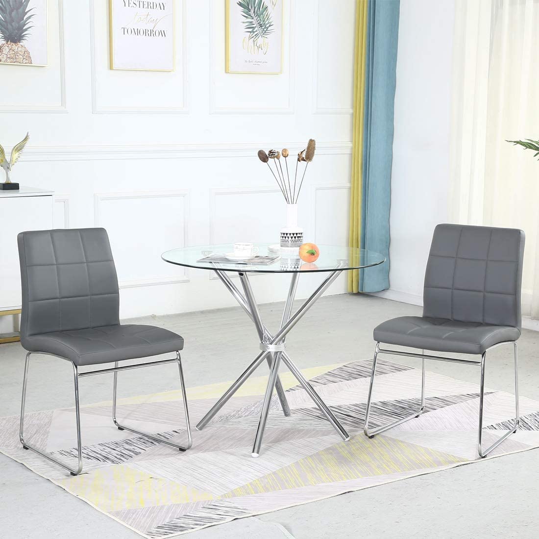 3-Piece Modern Round Glass Dining Table Set for 2 with Grey Faux Leather Chairs - Compact Kitchen Table & Chair Set for Small Spaces - Perfect for Apartments, Breakfast Nooks, and Cozy Dining Areas