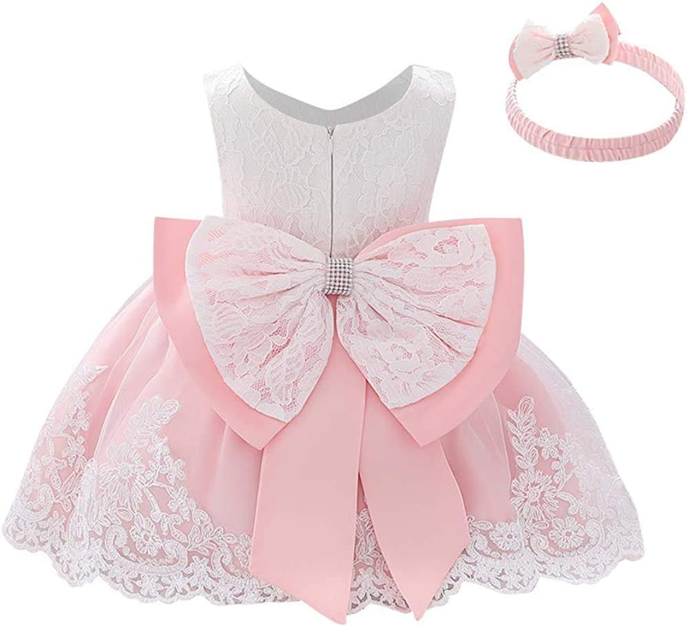 Elegant Baby Christening Dress with Lace & Bowknot - White Baptism Gown for Flower Girls, Pageant & Wedding - Includes Matching Headwear | Perfect for Christenings, First Communions & Special Occasions