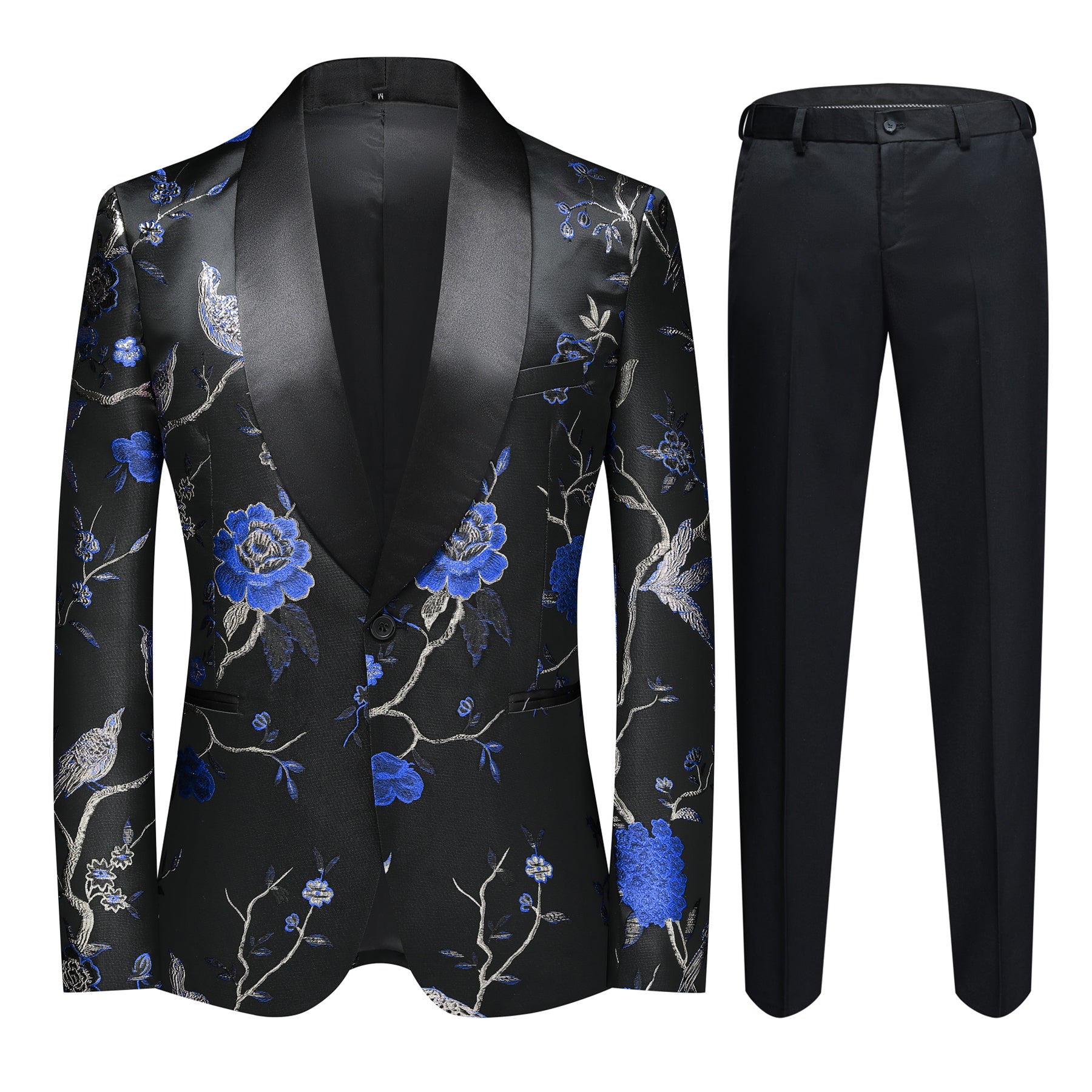 2 Piece Men's Black Blue Bird Embroidered Suit Set - Formal Wedding & Special Occasion Outfit - Premium Slim Fit Blazer & Pants for Grooms, Prom, Business Events