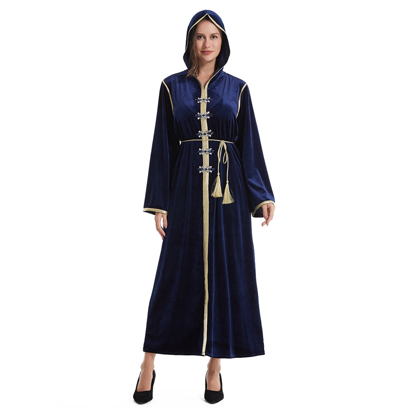 Stylish Cotton Blend Hooded Caftan Dress with Rhinestone Details - Elegant Kaftan & Djellaba for Women - Perfect for Beach Cover-ups, Boho Fashion, and Casual Lounge Wear