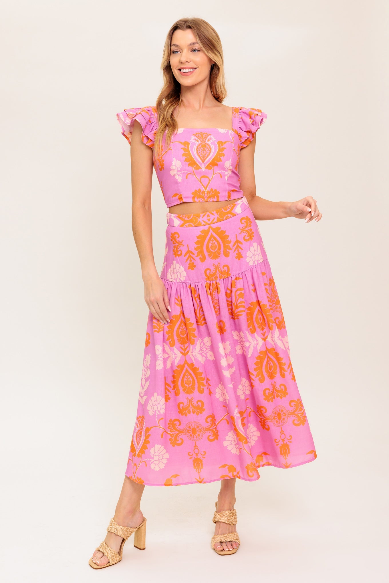 Distant Sun Crop Top & Skirt Set - Pink & Orange Floral Print Summer Outfit for Beach, Vacation & Casual Wear