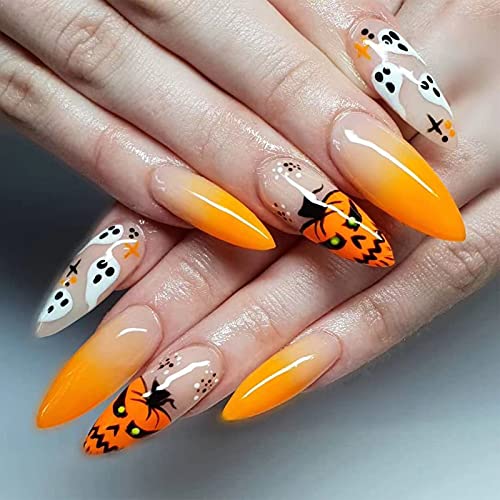 24Pcs Halloween Press On Nails - Skull Spider Pumpkin Bat Design, UV Gel Fake Nails for Halloween Party, Costume & Holiday Decoration | Easy Application & Long Lasting