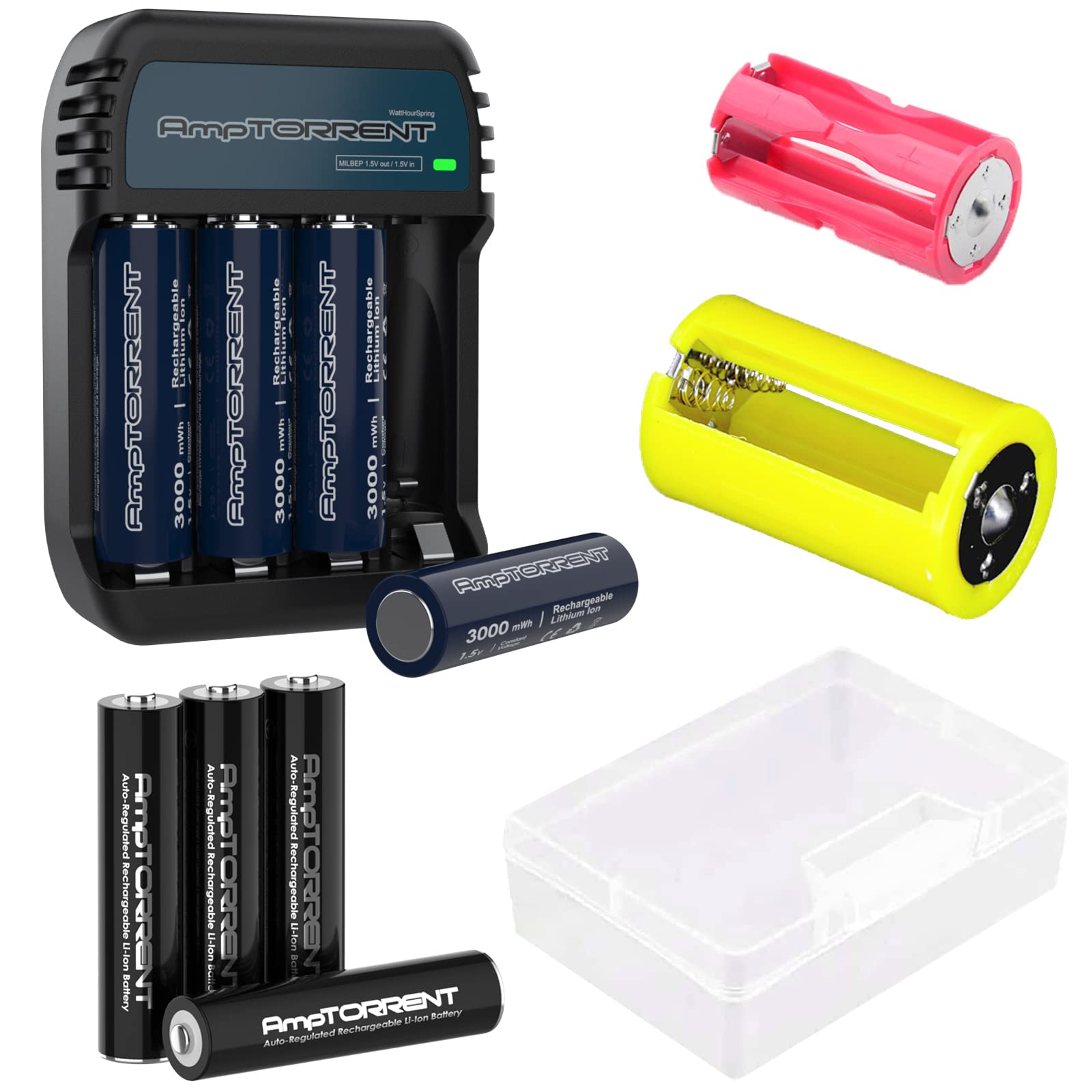 AmpTORRENT AA AAA Lithium Rechargeable Batteries with Charger - 1.5V Battery Variety Pack Includes Storage Case & C/D Size Adapters - Perfect for Cameras, Toys, Flashlights & Electronic Devices