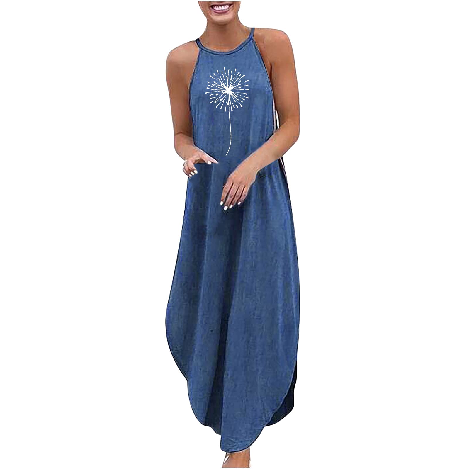 Women's Floral Print Halter Maxi Dress - Sleeveless Casual Denim Long Dress for Summer | Beach Vacation, Date Night & Outdoor Parties