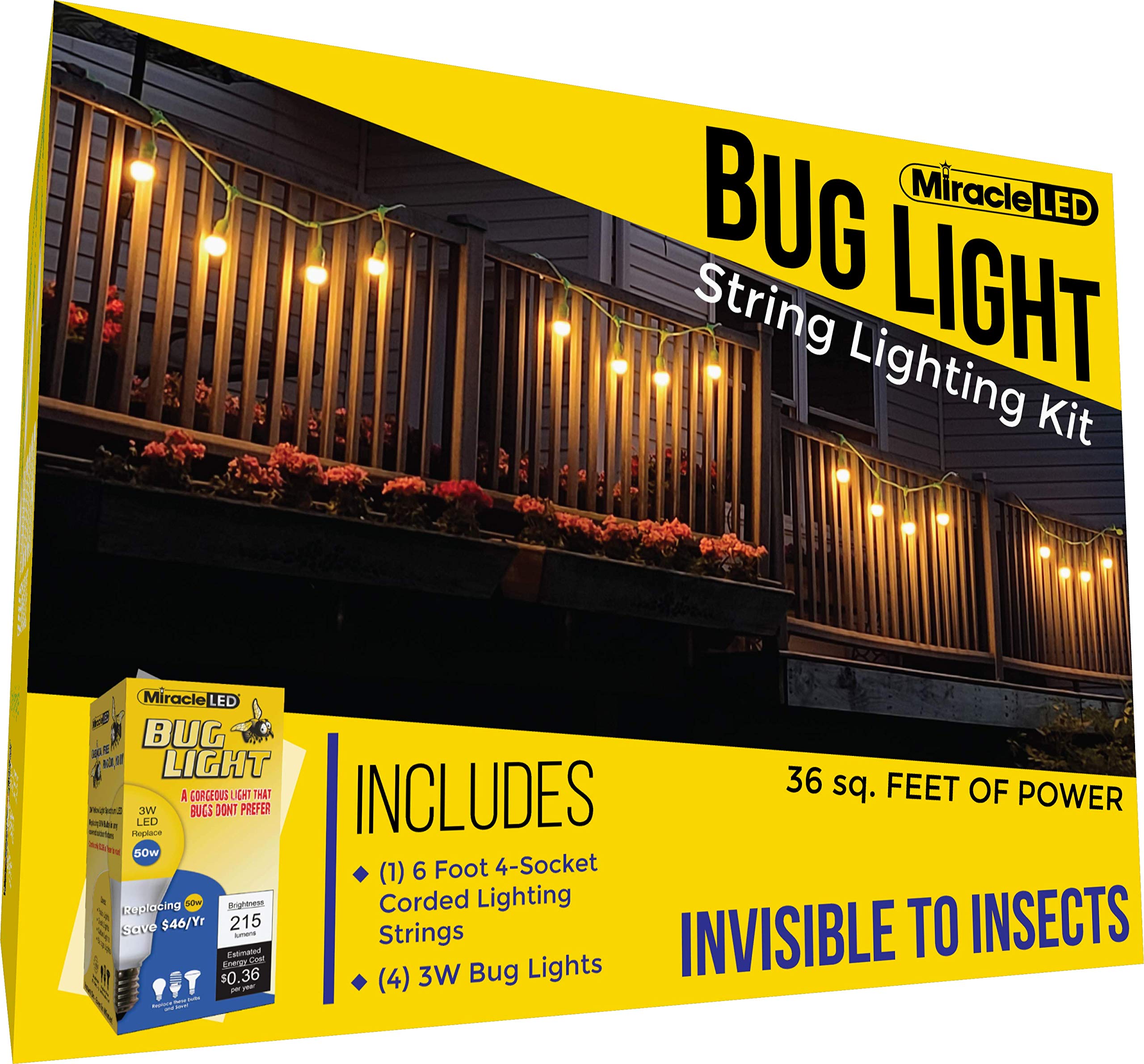 Miracle LED 4-Socket String Lighting Kit with 3W Bug Light Bulbs (Replaces 50W Each) - Amber Glow Outdoor Patio Lights for Garden, Backyard, and Porch Decoration