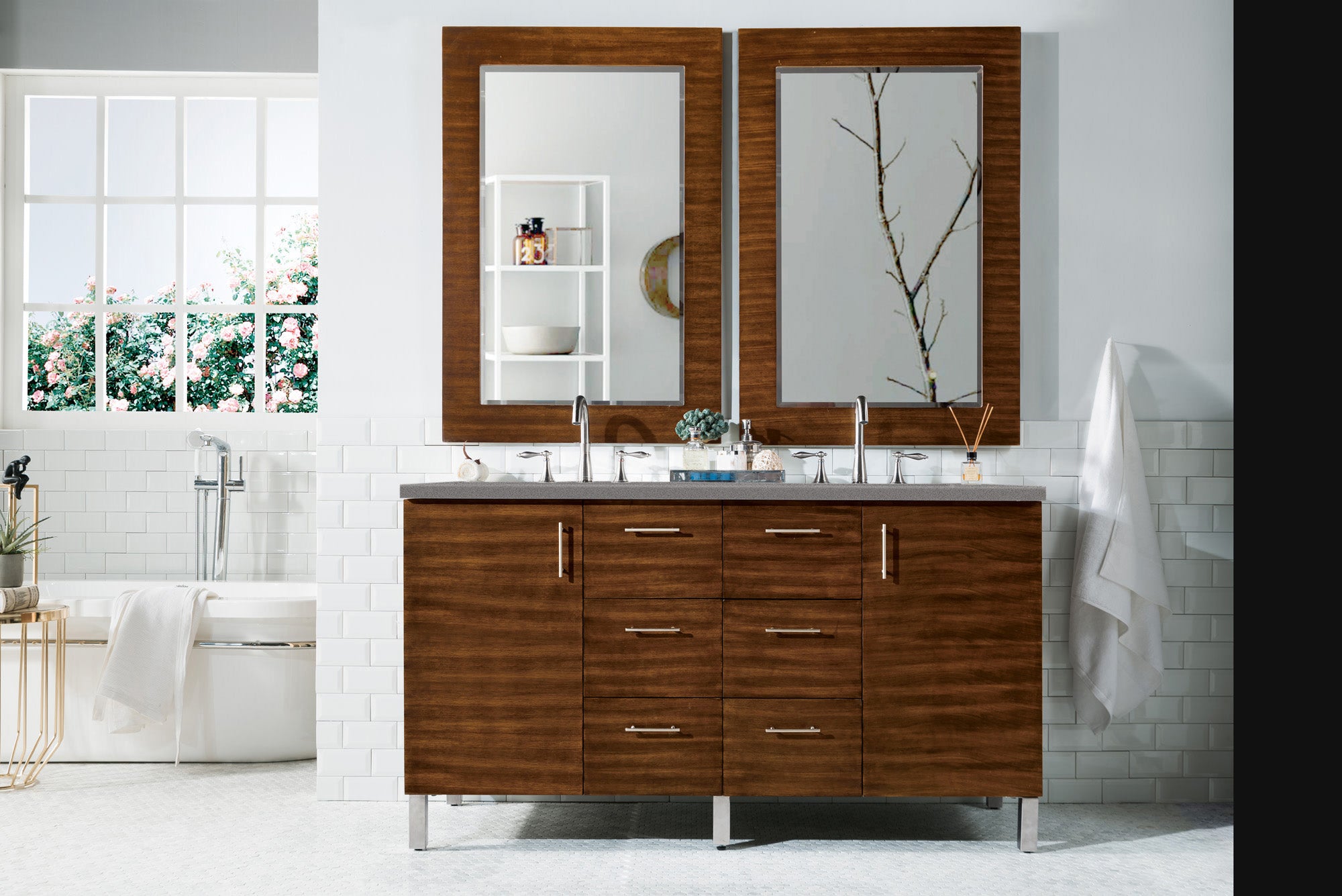 Metropolitan 60 Inch Double Bathroom Vanity with American Walnut Finish & 3CM Gray Expo Quartz Countertop - Perfect for Master Bathroom Renovation and Modern Home Decor