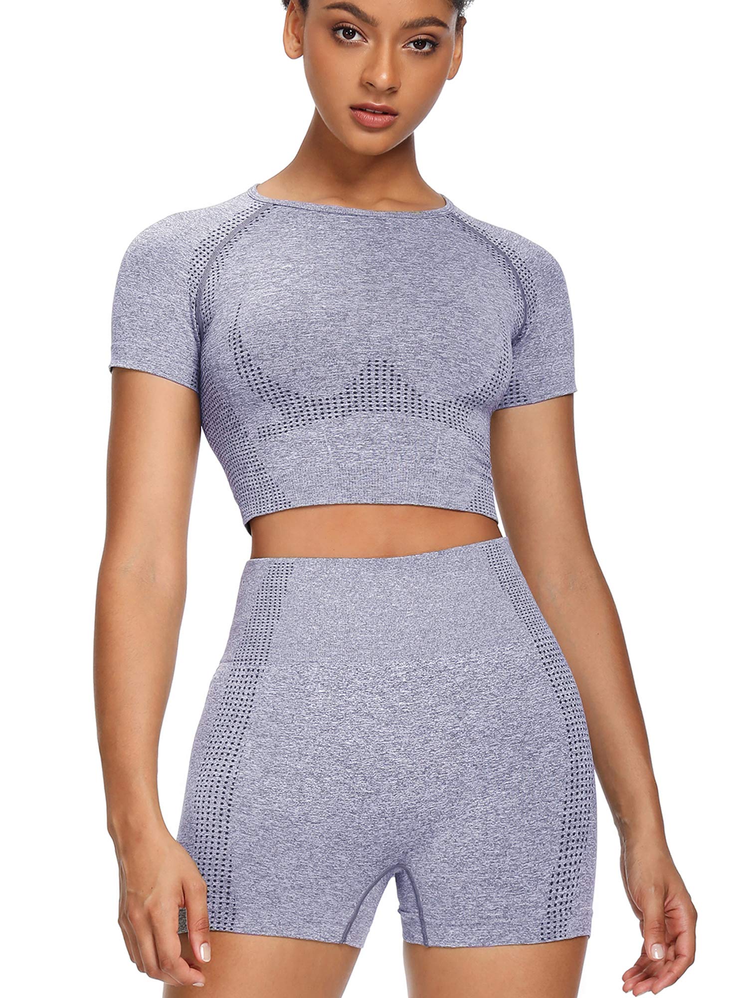Women's Seamless Yoga Outfits 2-Piece Set - Workout Gym Shorts & Short Sleeve Crop Top | High Waisted Athletic Wear for Yoga, Pilates, Gym & Running