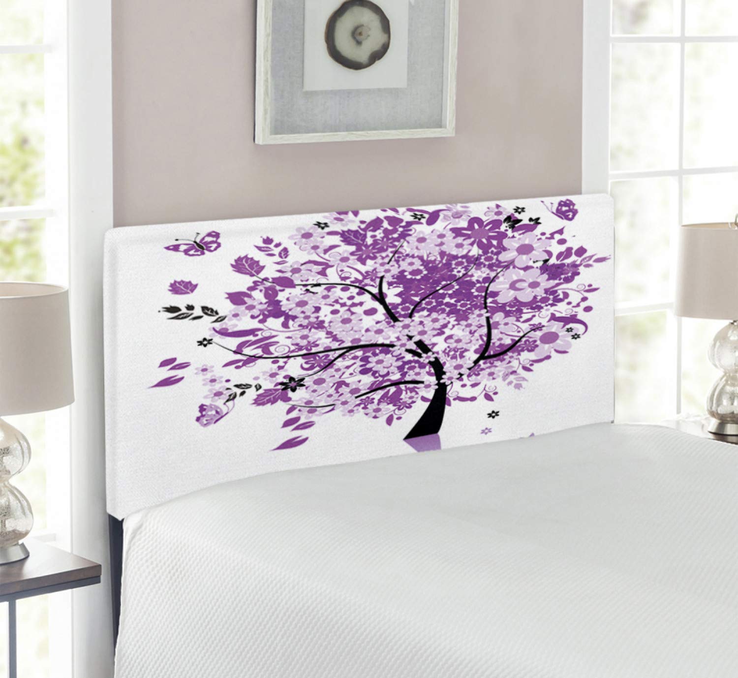 Ambesonne Nature Upholstered Headboard - Spring Tree of Life with Blooming Flowers & Butterflies, Decorative Metal Bed Headboard with Memory Foam, Twin Size, Lilac Purple - Perfect for Bedroom Decor & Romantic Home Styling