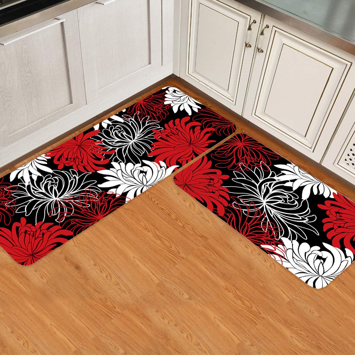 Non-Slip Washable Floral Kitchen Rugs Set of 2 - Cushioned Anti-Fatigue Mats with Chrysanthemum Design in Red, Black & White, Waterproof for Comfortable Cooking and Dishwashing