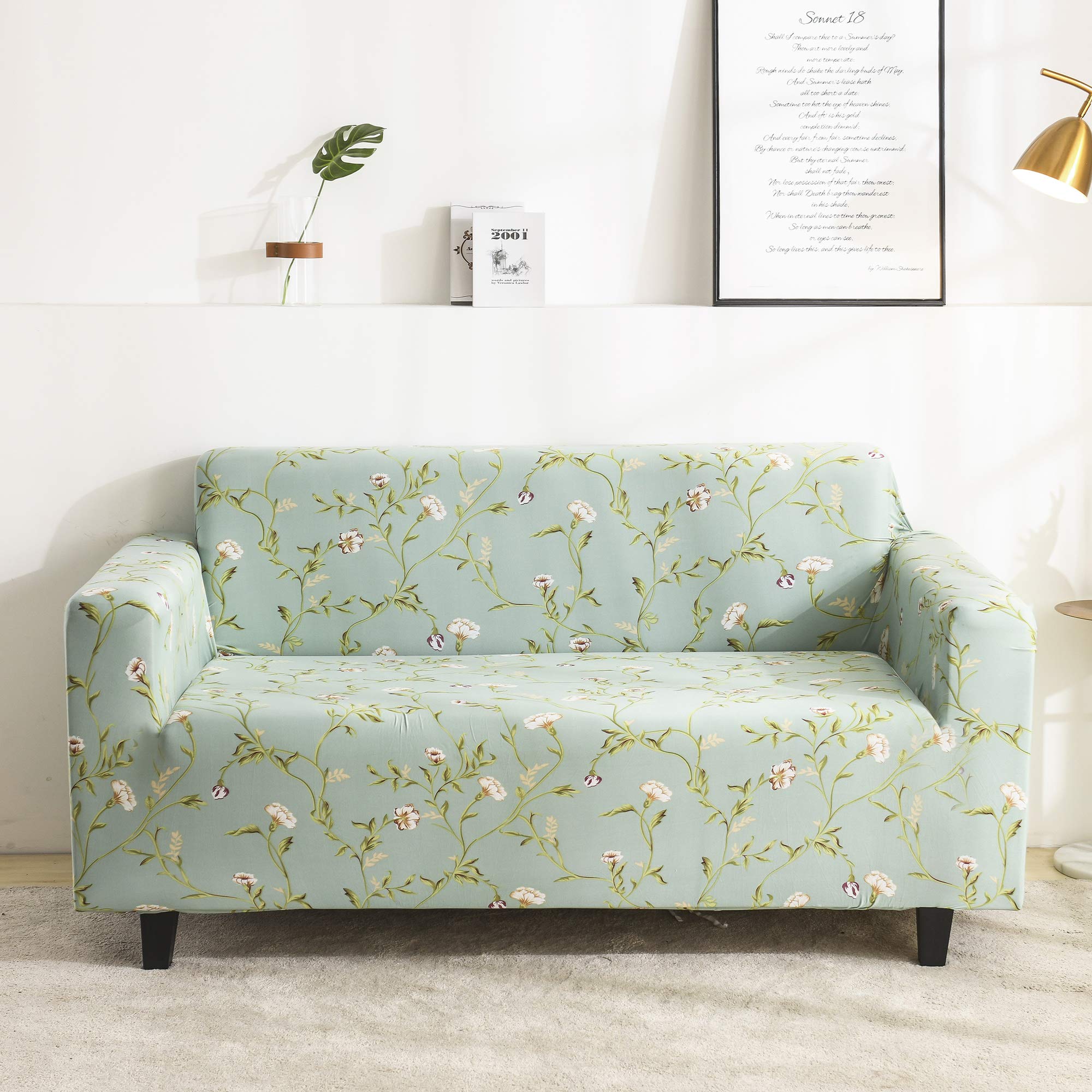 Breathable Mint Green Sofa Cover with Floral Print - High Stretch, Non-Slip Furniture Protector for Couch, Loveseat & Sofa | Soft, Washable & Removable Slipcover for Living Room, Bedroom & Office Decor