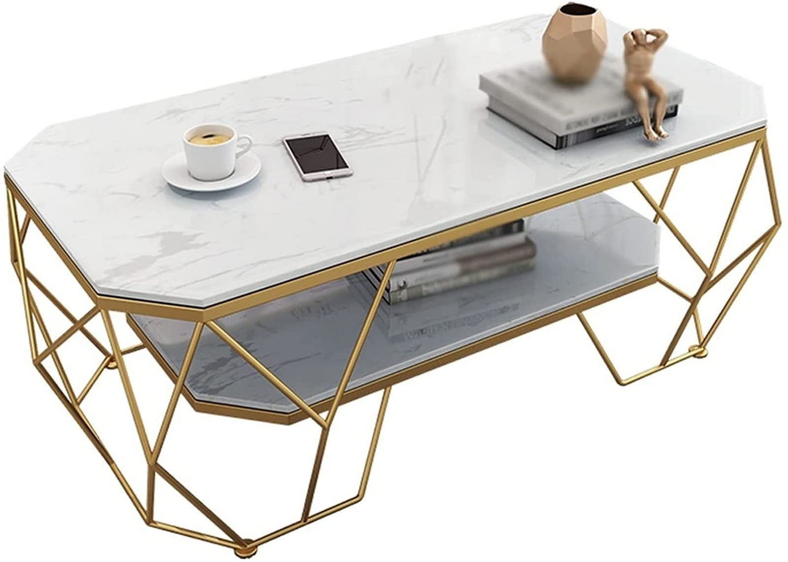 2-Tier Marble Coffee Table with Industrial Design - End Table, Side Table for Living Room, Bedroom, Office & Reception - Perfect for TV Storage, Tea Serving & Home Decor