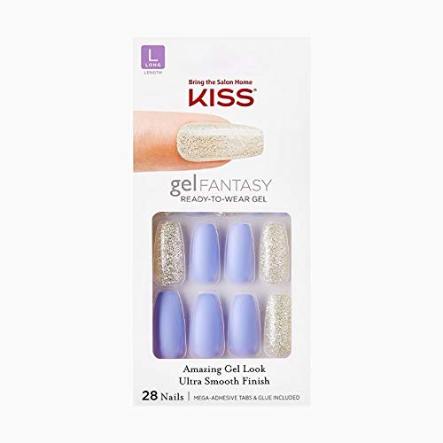 Kiss Nails GEL FANTASY - 24 Count Long False Nails with Adhesive Tabs & Glue, Periwinkle & Gold Glamorous Design (KGN07-RUSH HOUR) | Perfect for Parties, Weddings, and Special Occasions