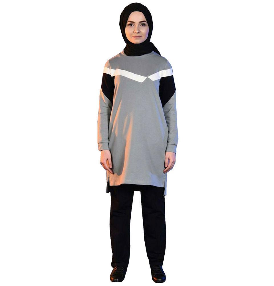Abaci Modest Sporty Tunic & Pant Set 8344 Gray/Navy - Comfortable Women's Activewear for Yoga, Gym & Casual Wear