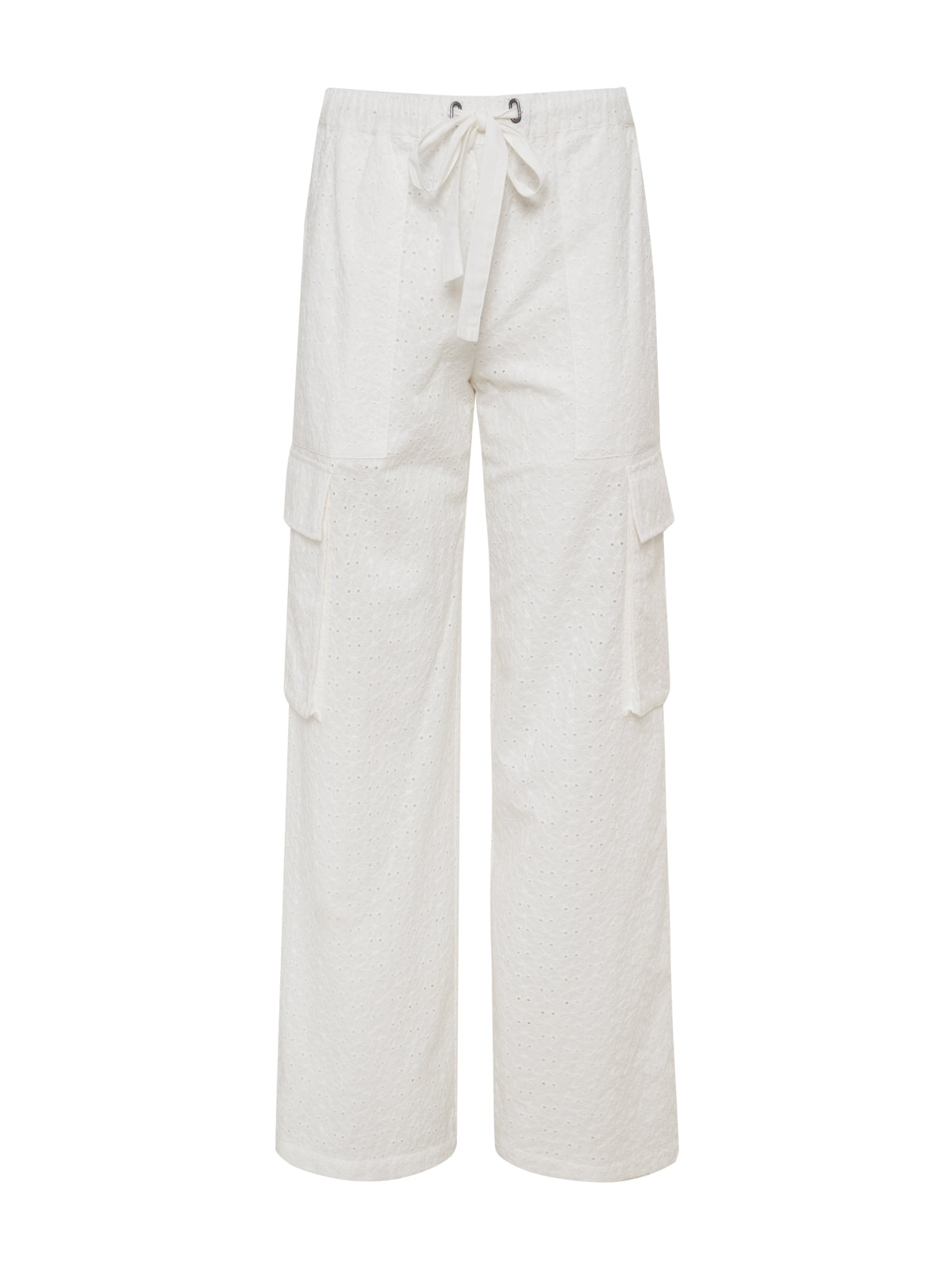 Free Time Women's Eyelet Semi High Rise Pants - Bleached White | Casual Comfort for Summer Outings & Beach Vacations