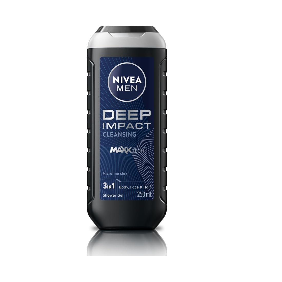 Nivea Men 3-in-1 Body Wash - Deep Impact Shower Gel with Microfine Clay for Body, Face & Hair | 250ml | Refreshing Daily Cleanser for Gym, Work & Travel