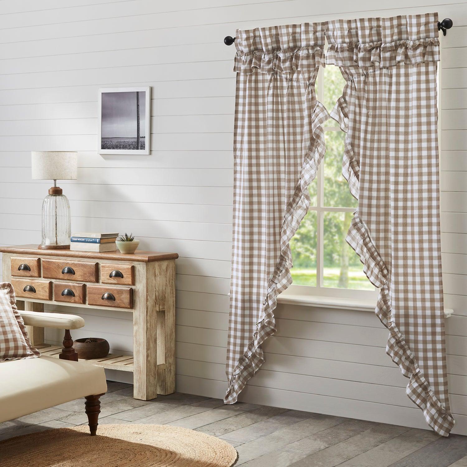 Annie Buffalo Portabella Check Ruffled Prairie Long Curtain Panel Set of 2 (84x36x18 Inches) - Farmhouse Window Treatments for Living Room & Bedroom Decor