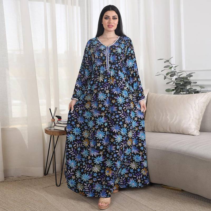 Elegant Rhinestone Floral Printed Caftan Dress for Women - Perfect for Eid, Parties, and Special Occasions